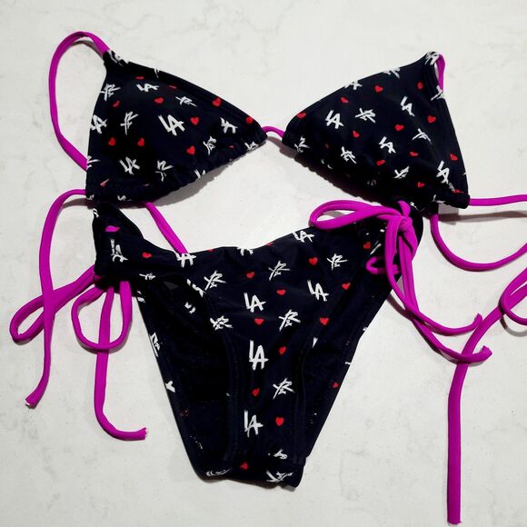 Young & Reckless LA Hearts Two Piece Black Bikini LOGO Size Small NWOT Y&R - Picture 1 of 7